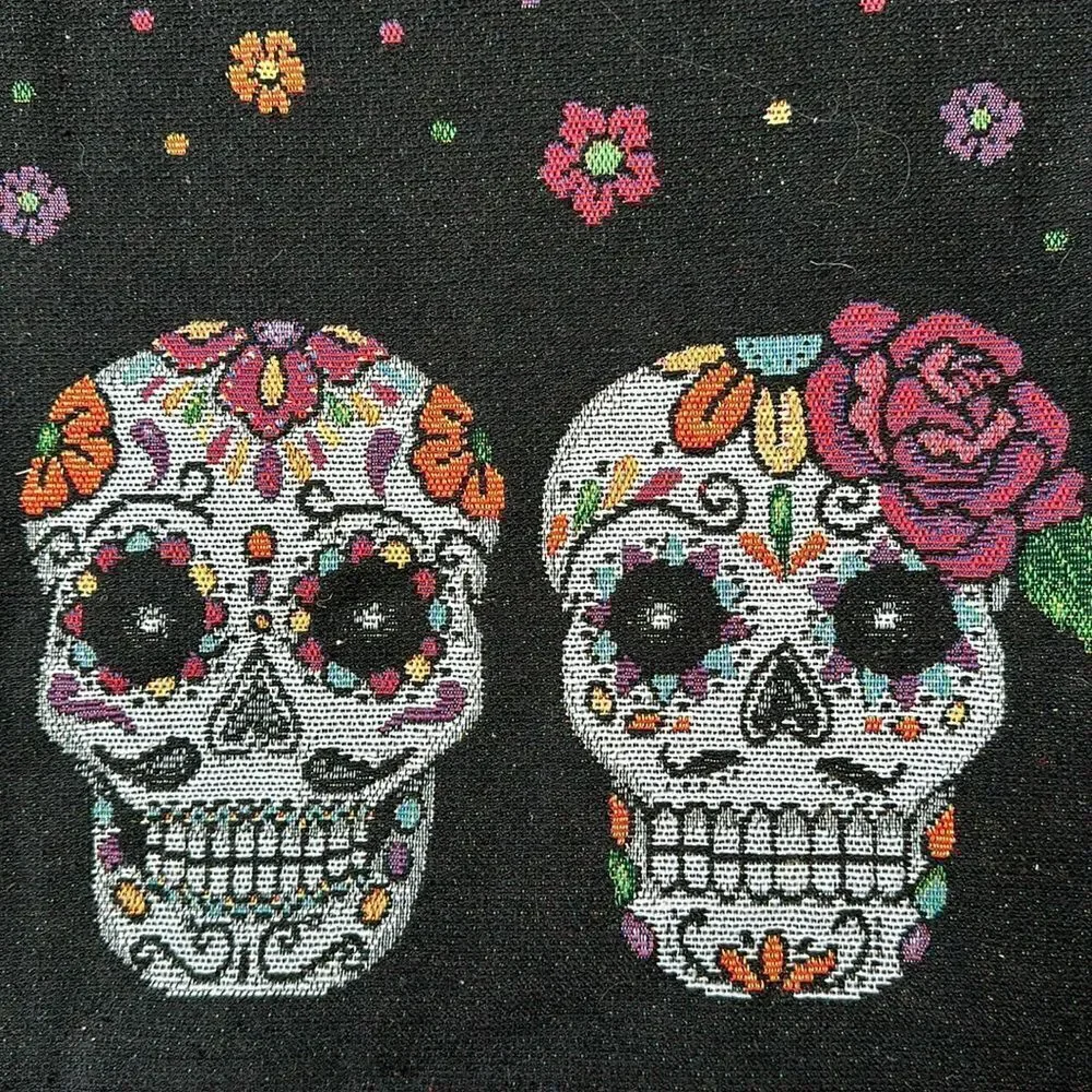 Sugar Skull Table Runner Black Flowers Dia de Los Muertos 70” X 13” Canvas
